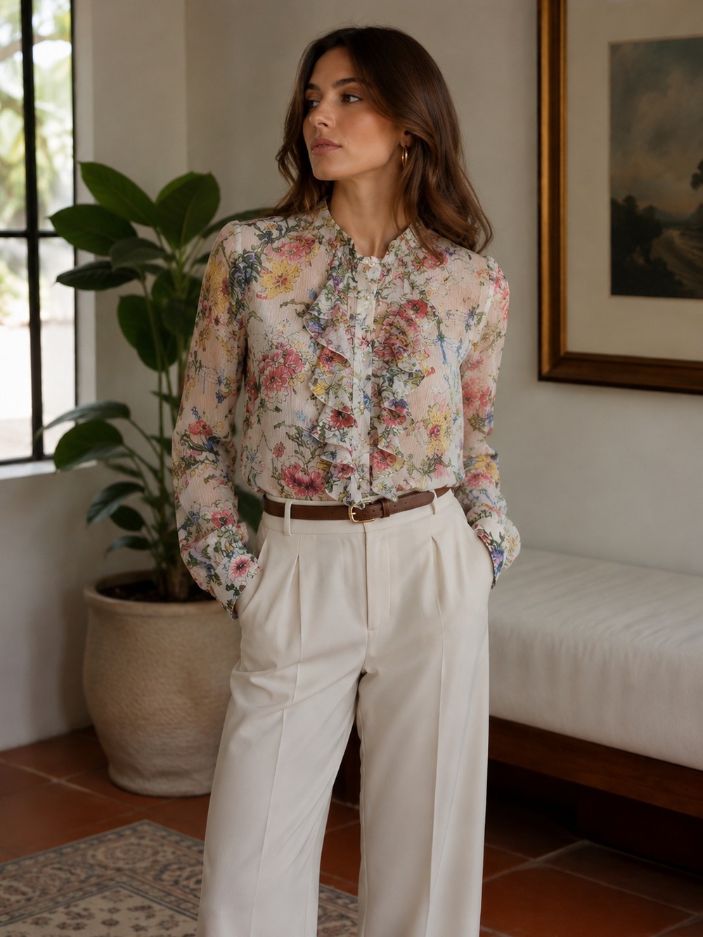 H&M Cream Floral Ruffle Tie-Neck Blouse